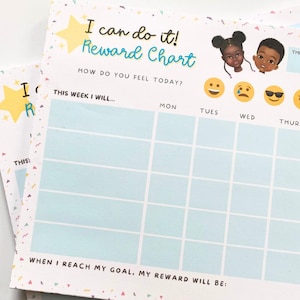 May include: A reward chart with the text "I can do it! Reward Chart" in blue and yellow. The chart includes spaces for daily tracking, with illustrations of children and emojis. The chart is designed to help children track their progress.