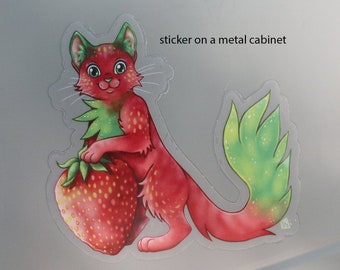 Strawberry Kitty waterproof outdoor vinyl sticker decal with clear edges