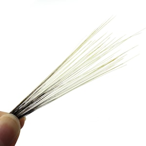 May include: A bundle of thin, natural-colored fibers, held in a hand against a white background. The fibers transition from dark brown to a light, almost white hue. The image is a close-up, highlighting the texture and detail of the fibers.