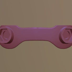 May include: A solid, reddish-purple wrench with a hexagonal socket on each end. The tool has a curved, ergonomic design and is likely used for tightening or loosening bolts or nuts. The background is a solid, neutral color.