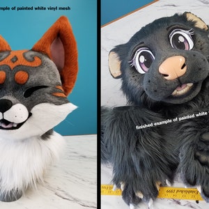 May include: Two furry animal head masks, one gray with orange ears and a white muzzle, the other black with pink eyes and a pink nose. Both masks have the text "finished example of painted white vinyl mesh" on them.