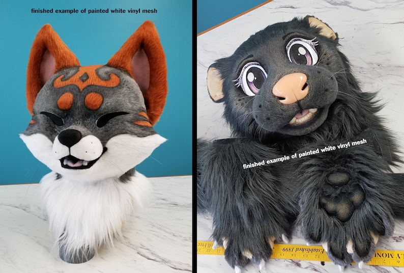 May include: Two furry animal head masks, one gray with orange ears and a white muzzle, the other black with pink eyes and a pink nose. Both masks have the text "finished example of painted white vinyl mesh" on them.