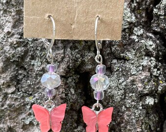 Butterfly dangle hoop/huggies earrings, beaded butterfly charm 3 colors available
