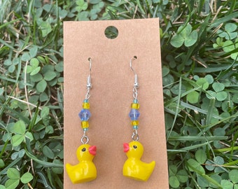 ducky beaded dangle earrings, yellow duck unique earrings