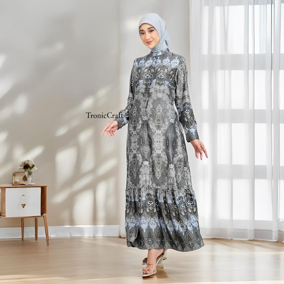 grey muslim dress Grey Turkish Gown Dresses Blue Grey Muslim Evening Elegant Beaded High Neck Long Sleeves Side Train