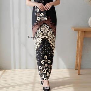 Indonesian Batik Skirt and Shawl Set Nirwana Motif Black Gold Pencil Skirt