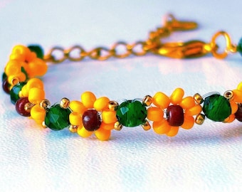 Handmade Sunflower Garden Beaded Bracelet, Emerald Crystal, Nature Inspired Jewelry