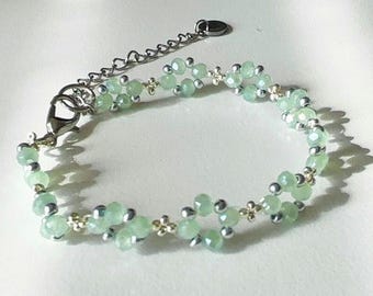 Handmade Sage Green Beaded Bracelet, Silver Accents, Adjustable Women's Jewellery