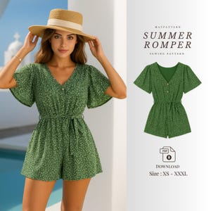 PDF Sewing Pattern - Summer Romper with Belt, Easy V-Neck Short Sleeve Playsuit, Beginner Friendly Digital Pattern, Instant Download