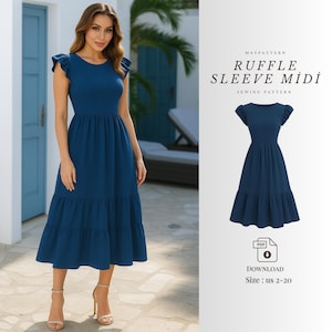 PDF Sewing Pattern | Ruffle Sleeve Midi Dress Pattern | DIY Tiered Dress | Beginner Friendly Summer Dress | Instant Download