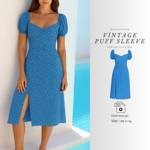 Druckbares PDF Schnittmuster für Damen Vintage Puffärmel Midikleid mit Schlitz vorne - Digitale DIY Sommerkleid Vorlage