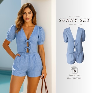 PDF Sewing Pattern – Sunny Set | Puff Sleeve Crop Top & High Waist Shorts – Summer Co-Ord Digital Download – Easy Beginner Pattern