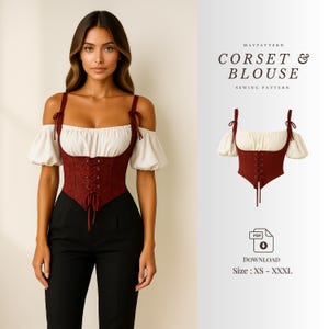 Corset and Blouse Sewing Pattern PDF | Renaissance Cottagecore Peasant Top Digital Download | DIY Corset Bodice Pattern