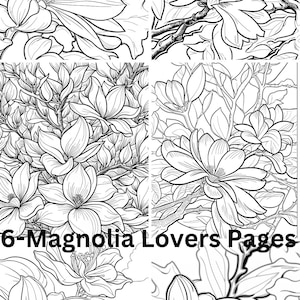 Todas as páginas para colorir para adultos de flores de magnólia Download digital instantâneo - 6 páginas de download digital