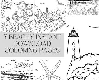 May include: Seven black and white colouring pages featuring beach scenes, including a lighthouse, seashells, and a starfish. The text "7 Beachy Instant Download Colouring Pages" is at the bottom of the image.