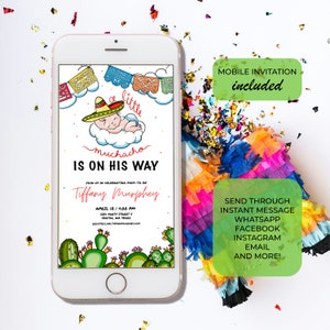 May include: A digital invitation for a baby shower with a cartoon illustration of a baby wearing a sombrero and sleeping on a cloud. The invitation has a colorful Mexican theme with text that reads "a little muchacho is on his way".