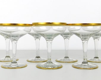 Set of 7 Vintage Crystal Champagne Coupes w/ Gold Toned Rims