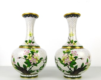 Pair of 12" Vintage Chinese Cloisonne Floral Vases w/ White Enamel Base