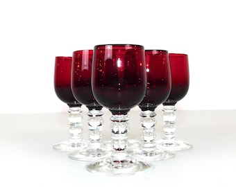Set of 6 Vintage Red & Clear Glass Shot Glasses