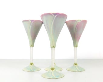 Set of 4 Newman Ceramic Works Calla Lily Wine Glasses - Art Pottery Stemware