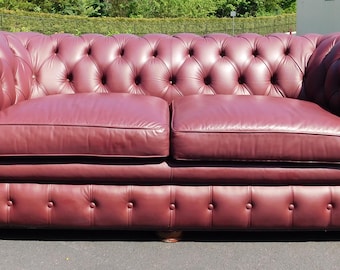 Vintage 80" Chesterfield Style Tufted Burgundy Leather Sofa