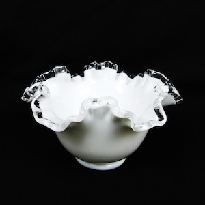 Vintage 6&quot; Wide Milk Glass Clear Ruffled Edge Bowl