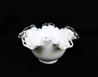Vintage 6" Wide White Milk Glass Clear Ruffled Edge Bowl