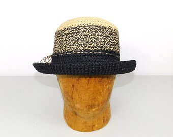 Vintage Women's Scala Gal Black and Beige Paper Straw Sun Hat