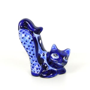 Figurine de chat extensible en céramique bleue peinte à la main - Poterie mexicaine - Fabriquée au Mexique