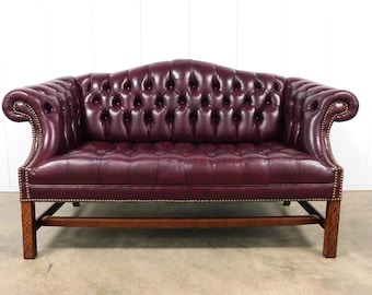 Vintage Chinese Chippendale Chesterfield Style Tufted Oxblood Leather Loveseat