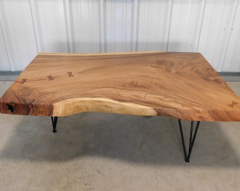 48" Live Edge Coffee Table, Butterfly Inlay, Iron Legs, Rustic Living Room Furniture