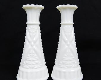 vintage Anchor Hocking - Vases bourgeons en verre de lait | Motif cannelé, Paire