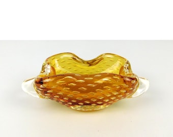 Vintage Mid-Century Murano Bullicante Style Amber and Clear Art Glass Ashtray/Catchall