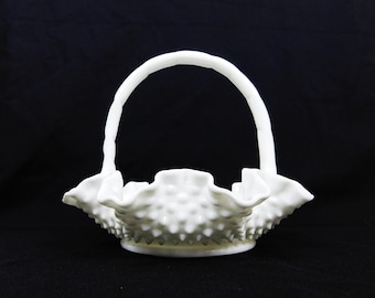 Vintage 7" Wide Hobnail Milk Glass Basket with Handle