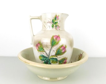 Antique Cook + Hancock Ceramic Semi-Granite Floral Water Pitcher and Basin/Bowl