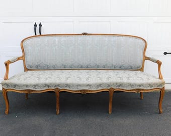 French Louis XV Style Walnut Frame Upholstered Sofa | Vintage Living Room Furniture
