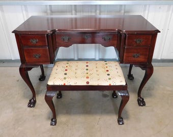 Vintage Chippendale Style Mahogany Kneehole Vanity Table w/ Matching Bench | Vintage Bedroom Furniture