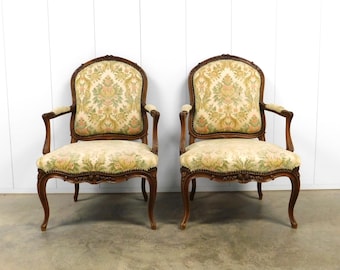 Antique Pair of French Louis XV Style Carved Open Armchairs