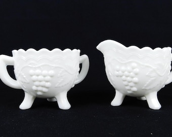 Vintage 1950's Imperial Glass White Milk Glass Sugar and Creamer Set - Grape Pattern