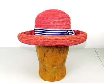 Arlin 100% Fuchsia Colored Straw Hat w/ Striped Bow and Orange Brim