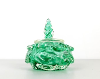 Vintage Emerald Green Murano/Bohemian Style Art Glass Trinket Dish w/ Glass Lid