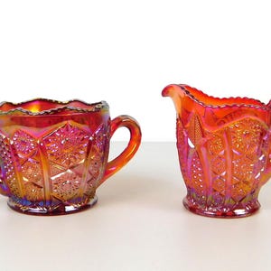 Vintage Indiana Glass Heirloom Sunset Red Karneval Glas Offene Zuckerdose & Milchkännchen Set
