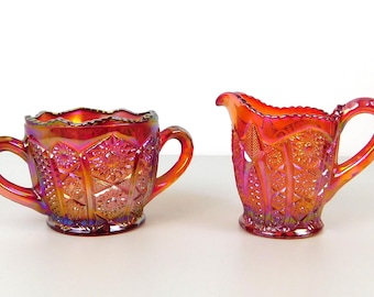 Vintage Indiana Glass Heirloom Sunset Red Carnival Glass Open Sugar Bowl & Creamer Set