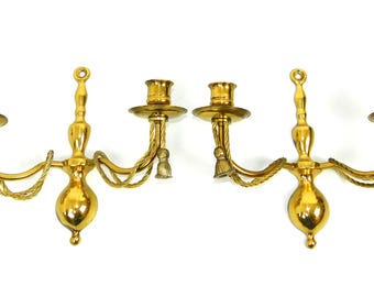 Pair of Vintage Brass Candlestick Wall Sconces | Vtg Wall Hangings