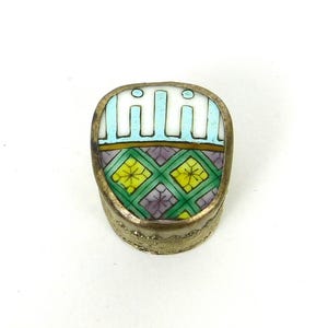 Vtg Silver Metal and Enamel Top Pill Box - Jewelry/Trinket Box