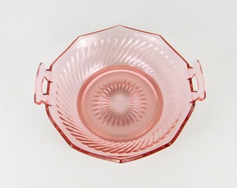 Vintage Imperial Glass Twisted Optic Pink Depression Glass Handled Bowl