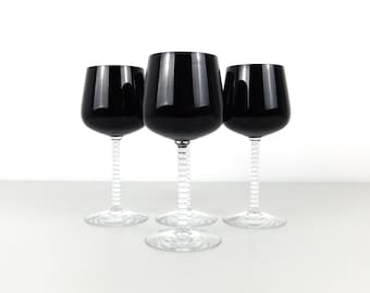 Set of 4 Vintage Fostoria Glass Mid-Century Modern Precedence Onyx Collection Water Goblets/Red Wine Glasses