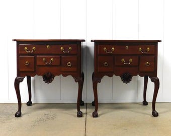 Pair of Link-Taylor Genuine Mahogany Chippendale Style 4-Drawer Nightstands/End Tables