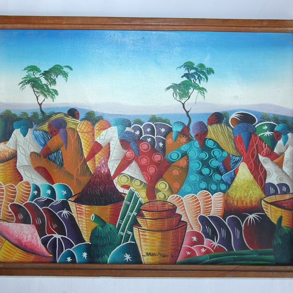 Peinture ethnique Haitie, art africain style naïf, signature Frantz Louis, peintre haitien, toile colorée personnages stylisés