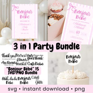 Baby shower parisino digital rosa Bonjour Bebe paquete de fiesta letrero de bienvenida editable Invitación de baby shower parisino Paquete de svg Bonjour Bebe personalizable
